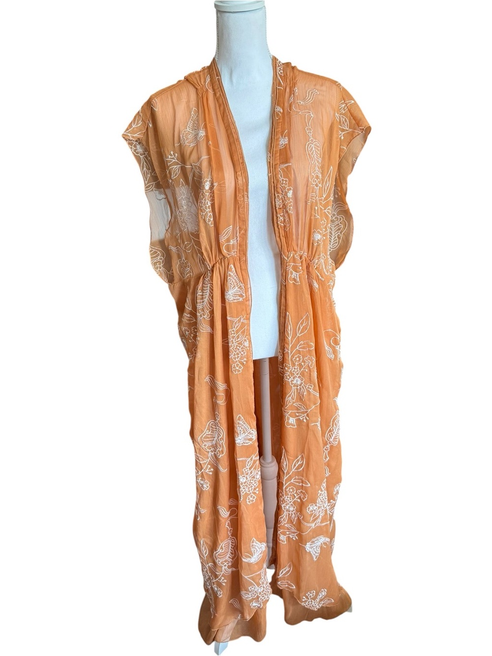 Aeom Orange Embroidered Sheer Kimono Duster Cover Up Floral Size L NWT